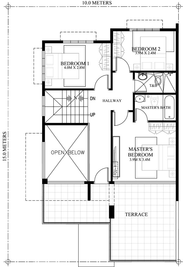 second floor plan of 2 storey house with roof deck