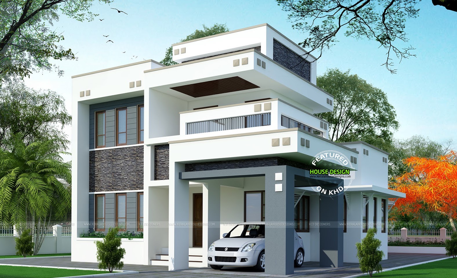A three bedroom home combines versatility and function. [Image Credit: Kerala House Designs]